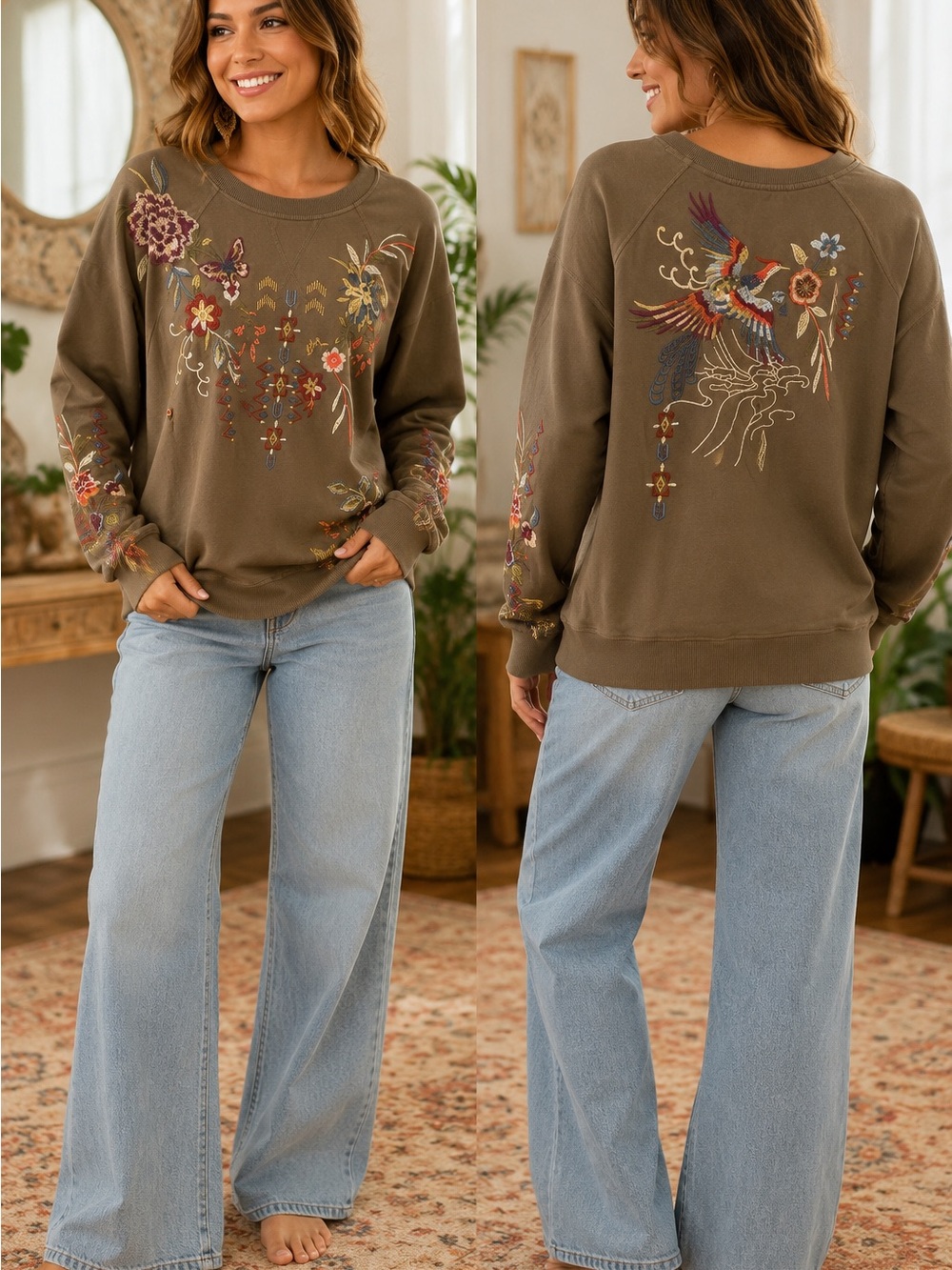 Johnny Was XL Embroidered Crewneck Sweatshirt 🦋 🌼